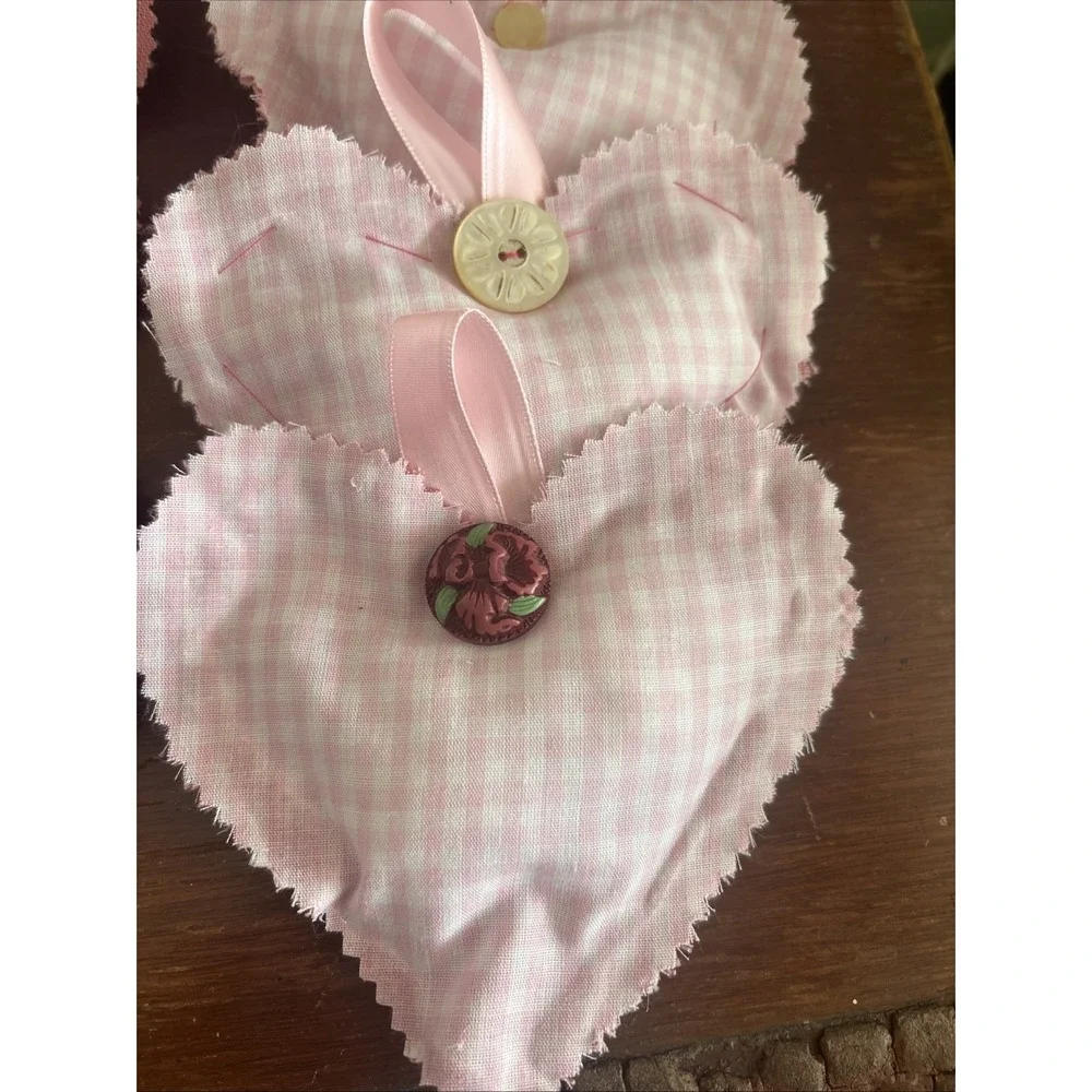 12 Handmade Hearts Bowl Filler Ornaments‎ Stuffed Pink Gingham Rose Floral